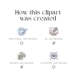 May include: A graphic showing how a clipart image was created. The options are original artwork, AI artwork, mixed artwork, and vintage artwork. The mixed artwork option is selected.