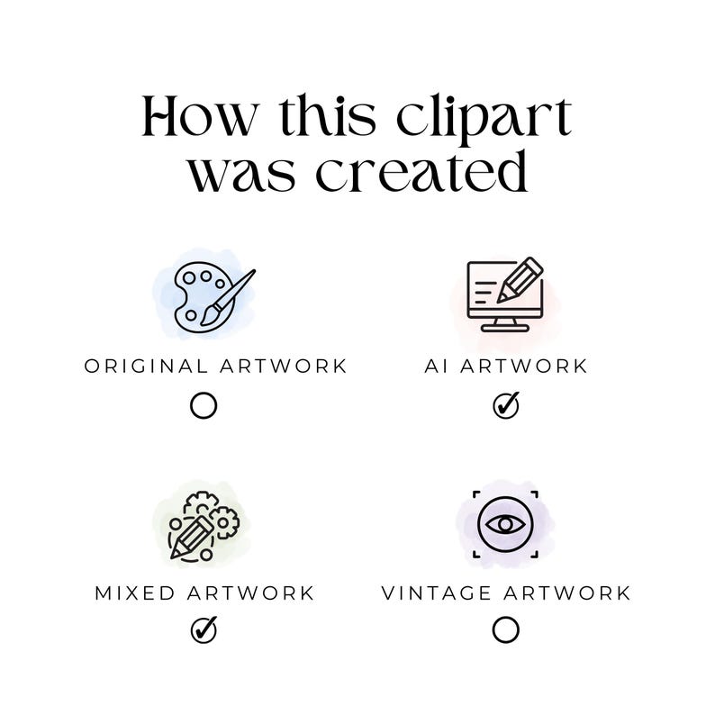 May include: A graphic showing how a clipart image was created. The options are original artwork, AI artwork, mixed artwork, and vintage artwork. The mixed artwork option is selected.