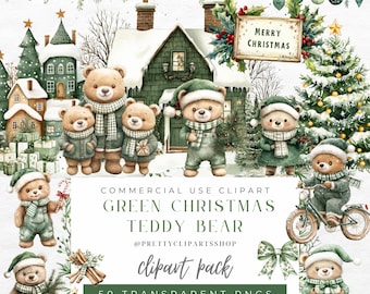 Groene kerstteddybeer aquarel clipart (PNG)