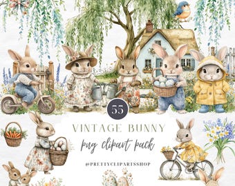 Vintage Bunny Clipart Easter Spring Watercolor Cottagecore Commercial Use Birthday Party Baby Shower Wildflowers Sublimation PNG