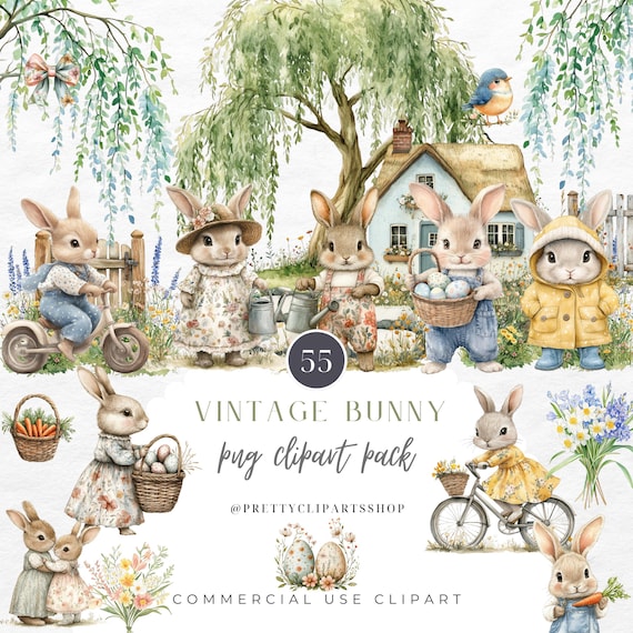 Vintage Bunny Clipart Easter Spring Watercolor Cottagecore Commercial Use Birthday Party Baby Shower Wildflowers Sublimation PNG