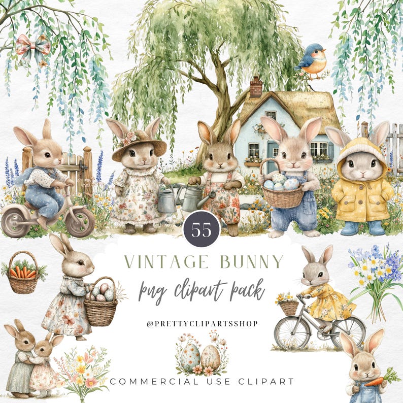 Vintage Bunny Clipart Easter Spring Watercolor Cottagecore Commercial Use Birthday Party Baby Shower Wildflowers Sublimation PNG