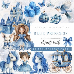 Watercolor Blue Princess Clipart: Cinderella Fairytale PNG (Digital Download)