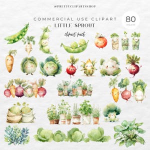 May include: Watercolor clipart pack featuring adorable vegetable illustrations. Includes smiling peas, carrots, radishes, cabbage, and more. The text reads "Commercial Use Clipart" and "Little Sprout Clipart Pack" with "80 Images".