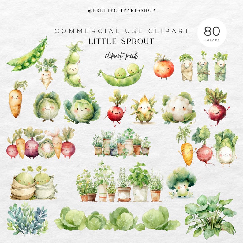 May include: Watercolor clipart pack featuring adorable vegetable illustrations. Includes smiling peas, carrots, radishes, cabbage, and more. The text reads "Commercial Use Clipart" and "Little Sprout Clipart Pack" with "80 Images".
