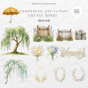 May include: A set of 55 watercolor illustrations featuring a vintage bunny theme. The illustrations include a weeping willow tree, a wooden gate, a bouquet of flowers, a banner, and wreaths. The illustrations are perfect for adding a touch of vintage charm to your projects.