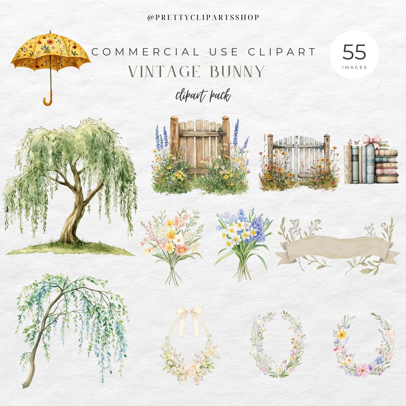 May include: A set of 55 watercolor illustrations featuring a vintage bunny theme. The illustrations include a weeping willow tree, a wooden gate, a bouquet of flowers, a banner, and wreaths. The illustrations are perfect for adding a touch of vintage charm to your projects.