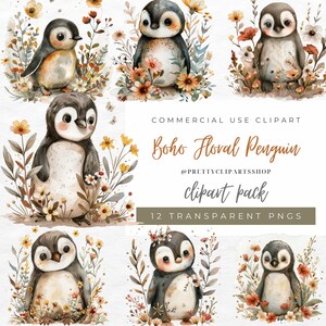 Boho Floral Penguin Acuarela PNG Clipart para uso comercial Lindos animales bebés Descarga digital instantánea
