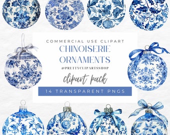 Blue Toile Christmas Ornaments Clipart: Chinoiserie Porcelain PNG (Digital Download)