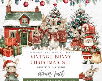 Vintage Bunny Clipart Christmas Watercolor Cottagecore Commercial Use Birthday Party Baby Shower Christmas Tree Sublimation PNG Clipart