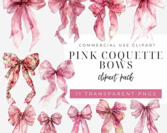 Watercolor Pink Bows Clipart: Coquette PNG Graphics (Digital Download)