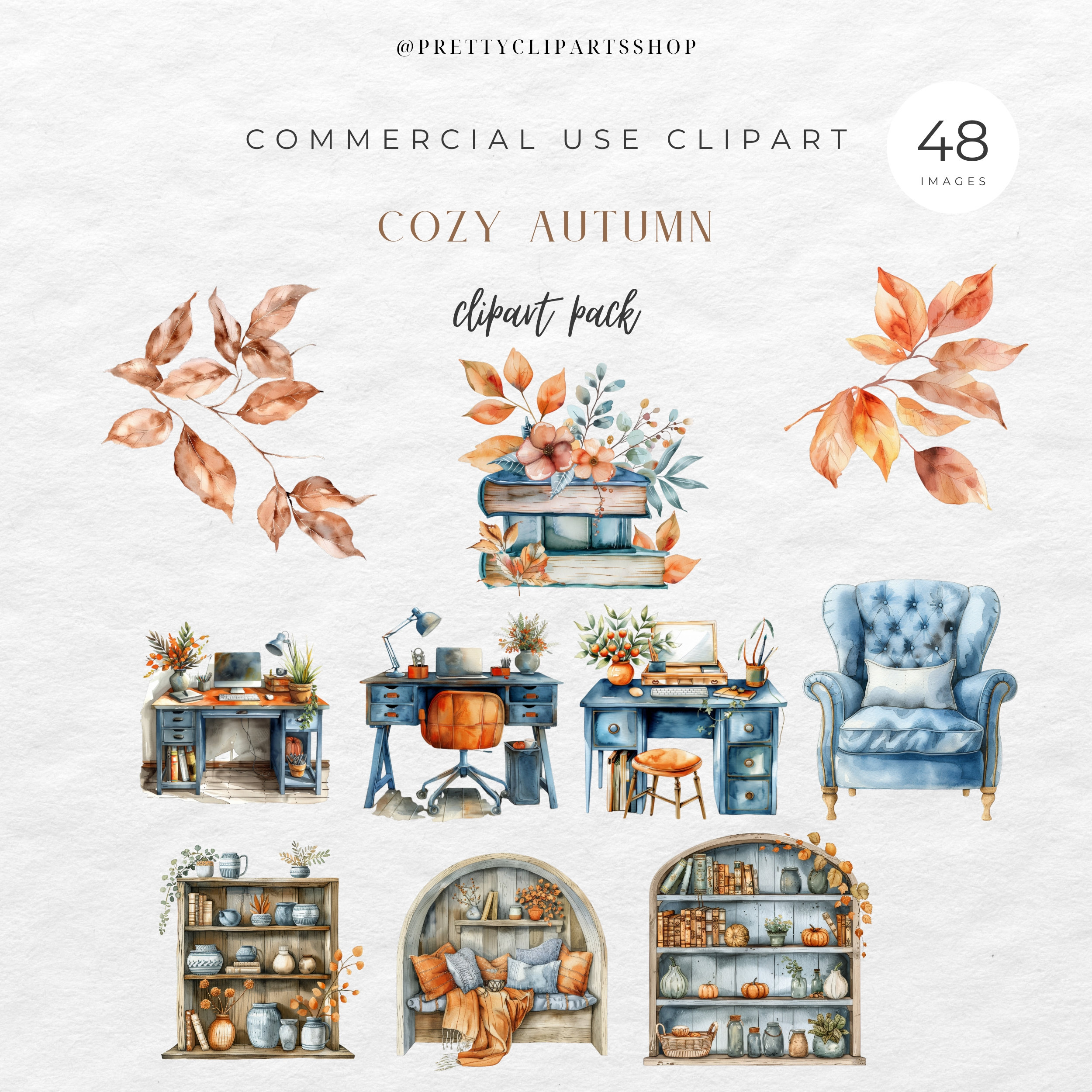 Watercolor Cozy Fall Clipart Bundle: Bookworm Autumn PNG (digital ...