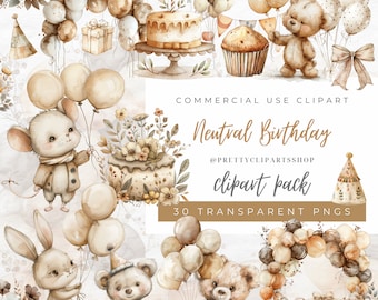 Neutral Birthday Watercolor Clipart For Commercial Use, Bear Nursery Art, Beige Balloon Arch Clipart, Birthday Invitation