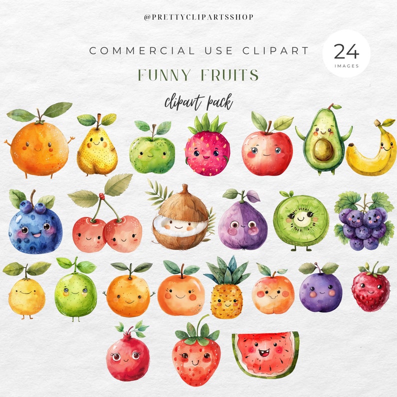 May include: A set of 24 watercolor illustrations of various fruits with cartoon faces. The fruits include a pear, apple, strawberry, avocado, banana, blueberry, cherry, coconut, fig, kiwi, grapes, lemon, lime, orange, pineapple, plum, pomegranate, watermelon, and a strawberry. The illustrations are perfect for use in commercial projects.