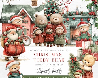 Kerst teddybeer png aquarel clipart Cottagecore commercieel gebruik verjaardagsfeestje babyshower kerstboom sublimatie PNG clipart