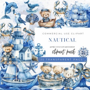 Ensemble de clipart nautique bébé garçon, clipart chambre d'enfant ours en peluche, marin bébé, clipart aquarelle, clipart baby shower, clipart PNG de pieuvre