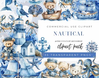 Baby Boy Nautical Clipart: Watercolor Teddy Bear Sailor (PNG)