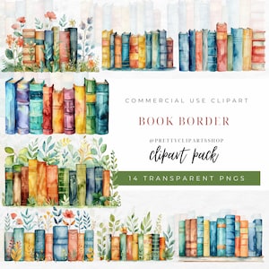 Book Border Clipart for Commercial Use, Bookshelf Cottagecore, Book Clip Art, Reading Flowers, Watercolor Cozy