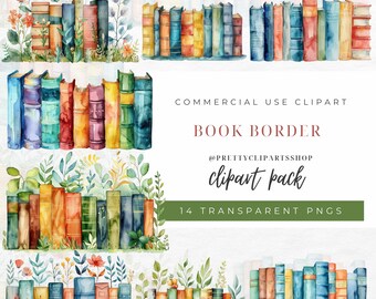 Watercolor Book Border Clipart: Cottagecore Bookshelf, Reading Flowers (PNG, Commercial Use)