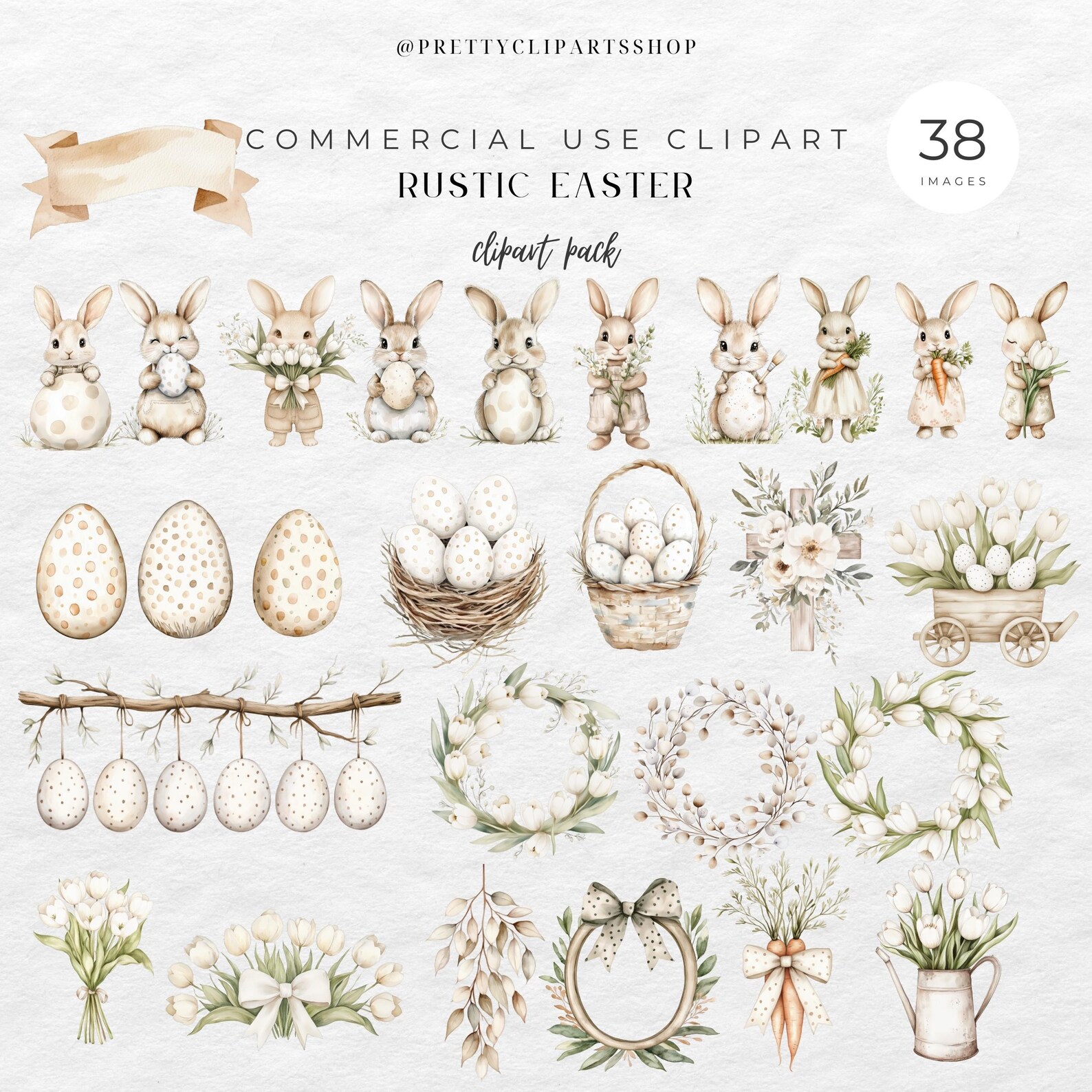 Rustic Easter Spring Watercolor Clipart Bundle Vintage Bunny PNG ...