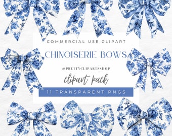 Blue Toile Bow Clipart: Chinoiserie PNG Graphics (Digital Download)
