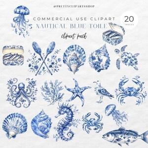 May include: A set of 20 blue and white watercolor illustrations featuring nautical and ocean-themed designs. The illustrations include a seashell, starfish, crab, seahorse, jellyfish, fish, seagull, and more. The illustrations are perfect for adding a touch of nautical charm to your projects.