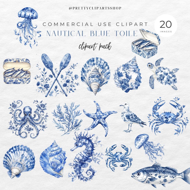 May include: A set of 20 blue and white watercolor illustrations featuring nautical and ocean-themed designs. The illustrations include a seashell, starfish, crab, seahorse, jellyfish, fish, seagull, and more. The illustrations are perfect for adding a touch of nautical charm to your projects.