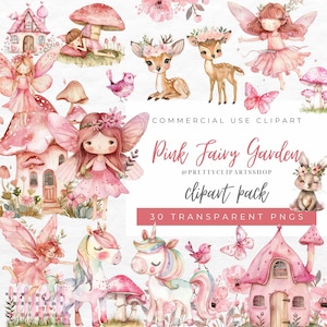 Clipart fée aquarelle, fée rose PNG, jardin féerique, clipart champignon, licorne, lapin, cerf, clipart floral, fée magique chambre d'enfant