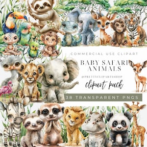 Bébé Safari animaux aquarelle cliparts, clipart chambre d'enfant, sauvage un baby shower, animaux de la jungle PNG, usage commercial