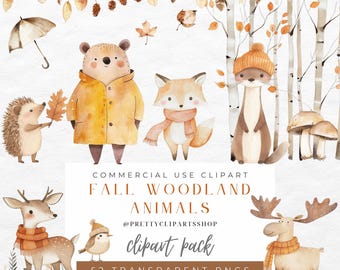 Watercolor Woodland Animals Clipart Set: Autumn Forest PNG (Commercial Use, Digital Download)
