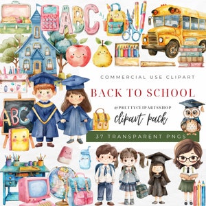 Imágenes prediseñadas de regreso a la escuela de acuarela, autobús escolar, mochila, lápiz, ilustraciones de cuaderno, gráficos PNG, descarga instantánea para uso comercial