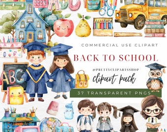 Watercolor Back To School Clipart: School Bus, Backpack (PNG, Commercial Use)