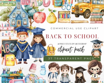 Watercolor Back To School Clipart, School Bus, Backpack, Pencil, Notebook Illustrations, PNG Graphics, Instant Download for Commercial Use