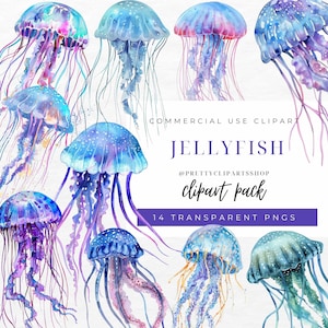 Watercolor Jellyfish Clipart: Nautical Sea Creatures (PNG, Commercial Use)