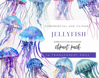 Watercolor Jellyfish Clipart for Commercial Use, Nautical Clipart, Sea Creatures, PNG Jellyfish