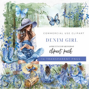 Denim Girl Acuarela Clipart, Bluebells Clipart, Uso Comercial, Planificador Digital, Descarga Instantánea