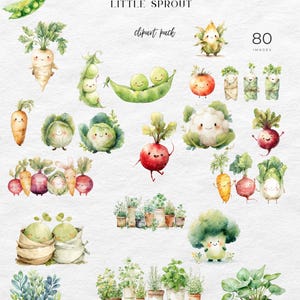 May include: Watercolor illustrations of various vegetables with smiling faces. Includes peas, carrots, radishes, cabbage, and broccoli. The text "LITTLE SPROUT" and "clipart pack" are also visible.
