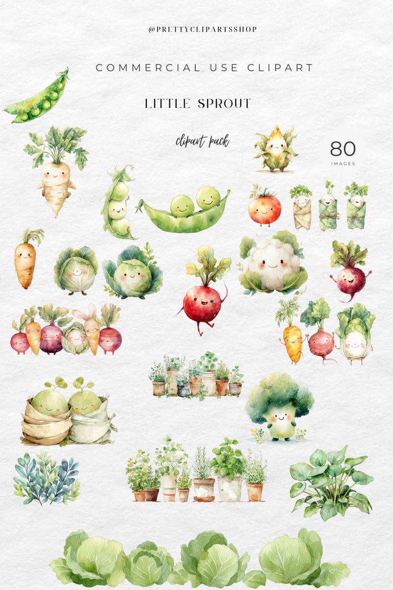 May include: Watercolor illustrations of various vegetables with smiling faces. Includes peas, carrots, radishes, cabbage, and broccoli. The text "LITTLE SPROUT" and "clipart pack" are also visible.