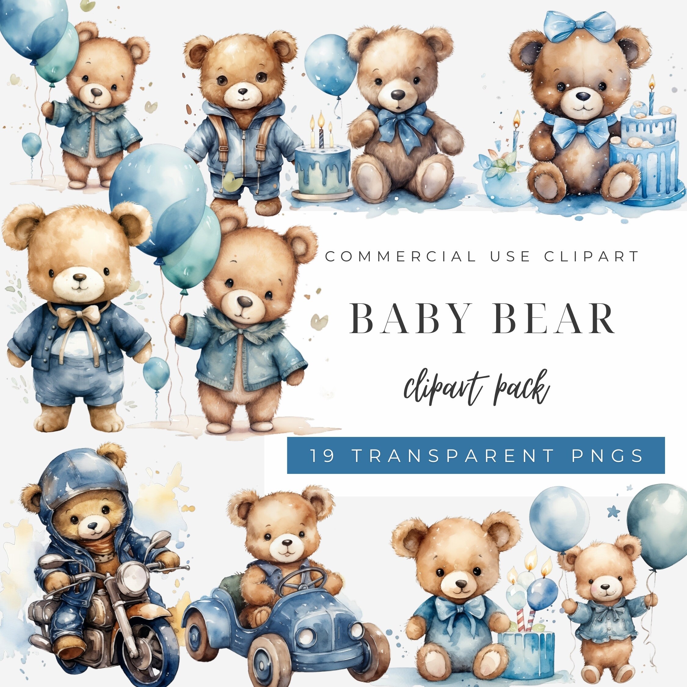 Watercolor Teddy Bear Clipart Bundle: Boho Nursery, Baby Shower ...