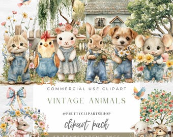 Vintage Spring Animals Clipart: Watercolor Cottagecore Nursery PNG (Digital Download)