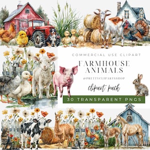 Könnte beinhalten: Ein digitales Clipart-Paket mit 30 Aquarell-Illustrationen von Nutztieren, darunter eine Ziege, ein Schwein, ein Schaf, eine Ente, ein Hahn, ein Pferd, ein Lama und mehr. Die Illustrationen sind vor dem Hintergrund eines weißen Lattenzauns, Blumen und Heuballen angeordnet. Der Text "COMMERCIAL USE CLIPART FARMHOUSE ANIMALS @PRETTYCLIPART SHOP clipart pack 30 TRANSPARENT PNGS" ist im Bild enthalten.