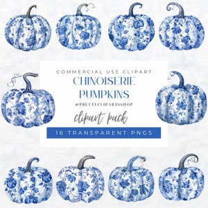 Chinoiserie pompoen clipart, vintage clipart, Thanksgiving pompoen, blauwe toile clipart transparante png commercieel gebruik licentie