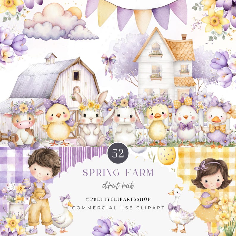 Spring Farm Animals Easter PNG Watercolor Clipart Bundle Set Digital ...