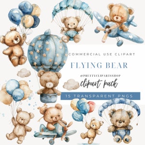 Watercolor Blue Teddy Bear Clipart, Baby Shower Clipart, Boho Teddy Bear Clipart, Cute Teddy Bear PNG, Blue Teddy, Flying Bear