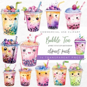 Watercolor Bubble Tea Clipart: Kawaii Boba Drinks (Digital Download)