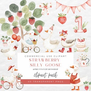 Fraise une oie aquarelle PNG Clipart fête d'anniversaire animaux mignons pépinière enfants Clipart Cottagecore usage Commercial