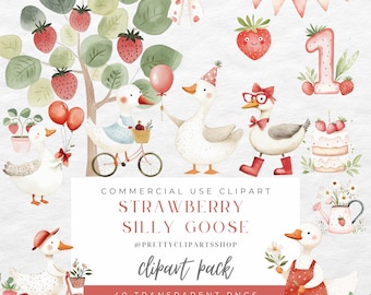 Strawberry Goose Watercolor Clipart: Birthday Party Animals (PNG Digital Download)