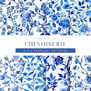 9 Chinoiserie Seamless Floral Pattern Printable Scrapbook Paper for Commercial Use Watercolor French Toile Floral Blue Digital Background