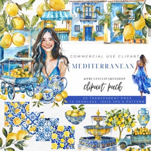 Mediterrane tegel, aquarel citroenen clipart, Portugese Azulejo keramische tegels, commerciële licentie, blauw en wit tegel digitaal papier