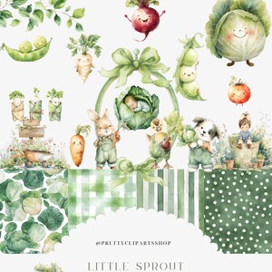 May include: Watercolor clipart pack featuring whimsical illustrations of vegetables, baby clothes, and adorable animal characters. The design includes a baby sleeping in a cabbage, a bunny holding a carrot, and the text "Little Sprout".